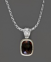 Get a chic, lustrous look in neutral tones. Balissima by Effy Collection pendant features a rectangular smokey quartz (9-1/4 ct. t.w.) set in filigree sterling silver with 18k gold accents and a chic toggle clasp. Approximate length: 16 inches. Approximate drop width: 10/16 inch. Approximate drop length: 2-1/4 inches. Get a chic, lustrous look in neutral tones. Balissima by Effy Collection pendant features a rectangular smokey quartz (9-1/4 ct. t.w.) set in filigree sterling silver with 18k gold accents and a chic toggle clasp. Approximate length: 16 inches. Approximate drop width: 10/16 inch. Approximate drop length: 2-1/4 inches.