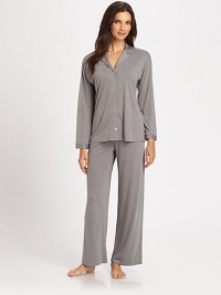 This traditional two-piece set rendered in soft jersey fabric is the ultimate in luxurious sleepwear. Notch collarDropped shouldersLong sleeves with banded cuffsButton frontElastic waistbandInseam, about 2965% modal/35% polyesterMachine washImported This traditional two-piece set rendered in soft jersey fabric is the ultimate in luxurious sleepwear. Notch collarDropped shouldersLong sleeves with banded cuffsButton frontElastic waistbandInseam, about 2965% modal/35% polyesterMachine washImported