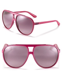Up the style ante in these fuchsia aviators with metallic logo detail at temples. Up the style ante in these fuchsia aviators with metallic logo detail at temples.