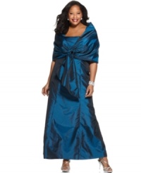 A flower-embellished wrap is a sophisticated flourish that beautifully contrasts the chic simplicity of Alex Evenings' plus size gown. Make an entrance with it on and then shed it for a spin around the dance floor! A flower-embellished wrap is a sophisticated flourish that beautifully contrasts the chic simplicity of Alex Evenings' plus size gown. Make an entrance with it on and then shed it for a spin around the dance floor!
