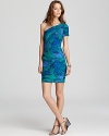 Rendered in intricately pleated tulle, this BCBGMAXAZRIA one-shoulder dress boasts a vibrant print for a punchy finish.