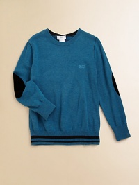 He'll want to snuggle in this handsome cotton knit with velvet elbow patches log embroidery.CrewneckLong sleeves with elbow patchesPullover styleRibbed cuffs and hemCottonMachine washImported He'll want to snuggle in this handsome cotton knit with velvet elbow patches log embroidery.CrewneckLong sleeves with elbow patchesPullover styleRibbed cuffs and hemCottonMachine washImported