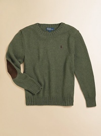 A crewneck sweater is updated with suede elbow patches for a modern layering piece.CrewneckLong sleeves with suede elbow patchesPullover styleCotton/woolMachine washImported A crewneck sweater is updated with suede elbow patches for a modern layering piece.CrewneckLong sleeves with suede elbow patchesPullover styleCotton/woolMachine washImported