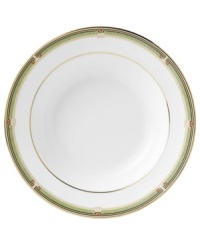 The exotic floral design of the Oberon dinnerware and dishes pattern by Wedgwood features soft shades of green and gold accented with black, against white bone china.