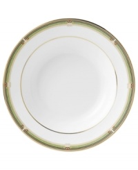 The exotic floral design of the Oberon dinnerware and dishes pattern by Wedgwood features soft shades of green and gold accented with black, against white bone china. The exotic floral design of the Oberon dinnerware and dishes pattern by Wedgwood features soft shades of green and gold accented with black, against white bone china.