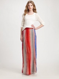 Pleated silk maxi skirt in a vivacious print with a contrasting leather waistband and convenient side zipper. Leather waistbandSide zipperAbout 45 long74% modal/26% silk liningSilkDry cleanMade in USA of imported fabricModel shown is 5'10 (177cm) wearing US size 2. Pleated silk maxi skirt in a vivacious print with a contrasting leather waistband and convenient side zipper. Leather waistbandSide zipperAbout 45 long74% modal/26% silk liningSilkDry cleanMade in USA of imported fabricModel shown is 5'10 (177cm) wearing US size 2.