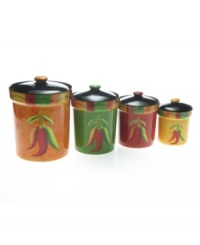 Get it while it's hot. Caliente canisters from Certified International feature a fiery palette and pepper design that's sure to spice up any kitchen. In four sizes and colors. Get it while it's hot. Caliente canisters from Certified International feature a fiery palette and pepper design that's sure to spice up any kitchen. In four sizes and colors.