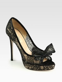 A signature bow adds volume to this peep toe design rendered in semi-sheer floral lace with luxe satin trim. Satin-covered heel, 5 (125mm)Lace-covered platform, ¾ (20mm)Compares to a 4¼ heel (110mm)Lace upper with satin trimPeep toeLeather lining and solePadded insoleMade in Italy A signature bow adds volume to this peep toe design rendered in semi-sheer floral lace with luxe satin trim. Satin-covered heel, 5 (125mm)Lace-covered platform, ¾ (20mm)Compares to a 4¼ heel (110mm)Lace upper with satin trimPeep toeLeather lining and solePadded insoleMade in Italy