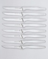 Slick and sleek with clean lines, the blades in this eight-piece knife set never need sharpening thanks to a serrated cutting edge. Continuous stainless steel blades and handles resist corrosion. One-piece construction assures dependability. Dishwasher safe. Lifetime warranty. Model 3909-800.