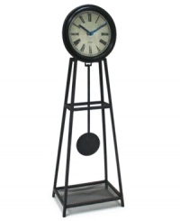 Enjoy every moment at home with this wrought iron clock. A working pendulum hypnotizes everyone around your table with grand, traditional style. Black metal hands point to bold Roman numerals on a classic off-white dial. Enjoy every moment at home with this wrought iron clock. A working pendulum hypnotizes everyone around your table with grand, traditional style. Black metal hands point to bold Roman numerals on a classic off-white dial.