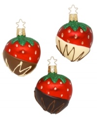 Decadent holiday treats are brilliantly hand-painted with bright colors of the season in this Strawberry Heaven set of ornaments. Mouth-blown in Germany of the finest glass for superior detail and lasting beauty. Decadent holiday treats are brilliantly hand-painted with bright colors of the season in this Strawberry Heaven set of ornaments. Mouth-blown in Germany of the finest glass for superior detail and lasting beauty.