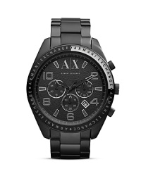 This jet black Armani Exchange watch works a hard-hitting sophistication, topped by an oversized dial which features a three-eye chronograph, brushed indexes and polished markers. This jet black Armani Exchange watch works a hard-hitting sophistication, topped by an oversized dial which features a three-eye chronograph, brushed indexes and polished markers.