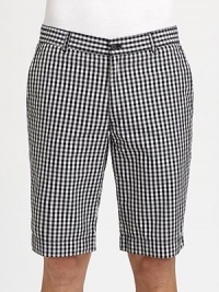 Crisp, cool style you'll look for season after season, tailored in a updated, gingham-print from lightweight, breathable cotton.Flat-front styleSide slash, back welt pocketsInseam, about 12CottonMachine washImported Crisp, cool style you'll look for season after season, tailored in a updated, gingham-print from lightweight, breathable cotton.Flat-front styleSide slash, back welt pocketsInseam, about 12CottonMachine washImported