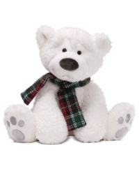 Two shining eyes peer out from a mass of bright white fur on a teddy bear that's far from the North Pole. A plaid scarf makes the Gund cub extra irresistible. Two shining eyes peer out from a mass of bright white fur on a teddy bear that's far from the North Pole. A plaid scarf makes the Gund cub extra irresistible.