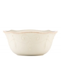 With fanciful beading and a feminine edge, this bowl from the Lenox French Perle white dinnerware collection has an irresistibly old-fashioned sensibility. Hard-wearing stoneware is dishwasher safe and, in a soft white hue with antiqued trim, a graceful addition to every meal. With fanciful beading and a feminine edge, this bowl from the Lenox French Perle white dinnerware collection has an irresistibly old-fashioned sensibility. Hard-wearing stoneware is dishwasher safe and, in a soft white hue with antiqued trim, a graceful addition to every meal.
