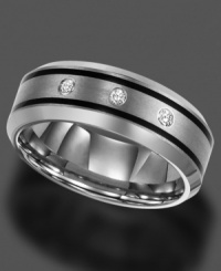 Sleek design with a modern edge. This tungsten ring by Triton features round-cut diamond (1/10 ct. t.w.). 8 mm band. Sizes 8-15. Sleek design with a modern edge. This tungsten ring by Triton features round-cut diamond (1/10 ct. t.w.). 8 mm band. Sizes 8-15.