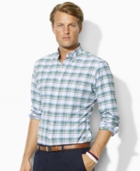 A masculine mix of pastel lines lends preppy style to a classic-fitting sport shirt, rendered in plaid oxford-woven cotton for stylish comfort. A masculine mix of pastel lines lends preppy style to a classic-fitting sport shirt, rendered in plaid oxford-woven cotton for stylish comfort.