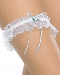 A pretty blue garter with swiss dot tulle and ribbon trim. Style #10B831 A pretty blue garter with swiss dot tulle and ribbon trim. Style #10B831