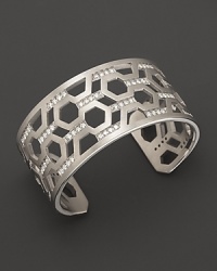 Brilliant diamonds pop against gleaming sterling silver in India Hicks' intriguing, geometric cuff. Brilliant diamonds pop against gleaming sterling silver in India Hicks' intriguing, geometric cuff.