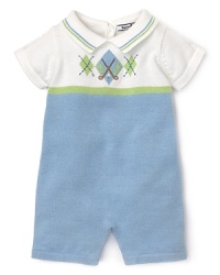 Blue and white sweater romper with argyle embroidery and stripe polo collar.