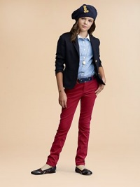 The timeless, polished blazer is tailored in a classic silhouette and finished with gold-tone Ralph Lauren-embossed buttons.Notched lapelLong sleeves with button detailButton-frontChest patch pocketHip patch pocketsDouble back ventsWoolDry cleanImportedBelt and jewelry shown not sold Please note: Number of buttons may vary depending on size ordered. The timeless, polished blazer is tailored in a classic silhouette and finished with gold-tone Ralph Lauren-embossed buttons.Notched lapelLong sleeves with button detailButton-frontChest patch pocketHip patch pocketsDouble back ventsWoolDry cleanImportedBelt and jewelry shown not sold Please note: Number of buttons may vary depending on size ordered.