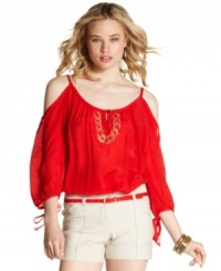 Glittering rhinestones create a chain of cool on this billowy, shoulder-baring top from BCX! Glittering rhinestones create a chain of cool on this billowy, shoulder-baring top from BCX!