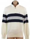 Tommy Hilfiger Mens Long Sleeve Striped 1/4 Zip Pullover Sweater - L - Off-White/Navy/Gray