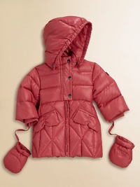 Gathered bow-inspired pockets give this quilted puffer an adorable update.Snap-off hoodStand collarPartial snap placketQuilted alloverZip frontLong sleeves with attached mittensLogo patch on one armDual front bow pocketsFully linedShell: polyamideFill: goose downDry cleanImported Please note: Number of snaps may vary depending on size ordered. Gathered bow-inspired pockets give this quilted puffer an adorable update.Snap-off hoodStand collarPartial snap placketQuilted alloverZip frontLong sleeves with attached mittensLogo patch on one armDual front bow pocketsFully linedShell: polyamideFill: goose downDry cleanImported Please note: Number of snaps may vary depending on size ordered.