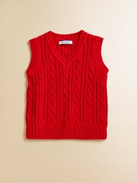 A colorful cable-knit vest is crafted in plush cotton for a cozy, festive layer.V-neckSleevelessPullover styleCottonMachine washImported A colorful cable-knit vest is crafted in plush cotton for a cozy, festive layer.V-neckSleevelessPullover styleCottonMachine washImported