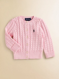 A year-round classic in soft cotton knit, embroidered with the signature polo pony. Front button placket Embroidered logo on chest Rib-knit crewneck, cuffs and hem Cotton; machine wash Imported A year-round classic in soft cotton knit, embroidered with the signature polo pony. Front button placket Embroidered logo on chest Rib-knit crewneck, cuffs and hem Cotton; machine wash Imported