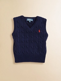The essential sweater vest is a handsome layer rendered in durable cable-knit cotton.V-neckSleevelessPullover styleCottonMachine washImported