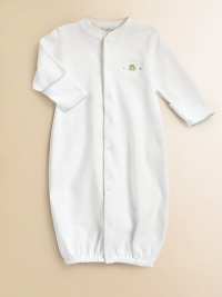 This soft cotton gown with embroidery can be converted to legs. Picot trim Front snaps Cotton; machine wash Imported This soft cotton gown with embroidery can be converted to legs. Picot trim Front snaps Cotton; machine wash Imported