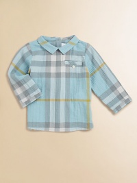 The classic check pattern adorns this precious, colorful woven shirt with pointed collar and welt pocket.Pointed flat collarLong sleeves with button cuffsBack buttonsFront welt pocket99% cotton/1% elastaneMachine washImported Please note: Number of buttons may vary depending on size ordered. The classic check pattern adorns this precious, colorful woven shirt with pointed collar and welt pocket.Pointed flat collarLong sleeves with button cuffsBack buttonsFront welt pocket99% cotton/1% elastaneMachine washImported Please note: Number of buttons may vary depending on size ordered.