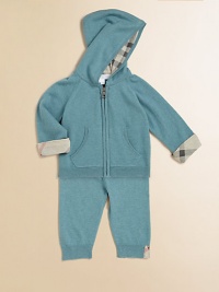 A precious set for baby crafted from the finest blend of cashmere and cotton with classic check lining for comfy, cozy style. Hoodie Attached hoodLong raglan sleeves with check-lined cuffsFull-zip frontSplit kangaroo pockets Pants Elastic waistband50% cashmere/50% cottonDry cleanImported A precious set for baby crafted from the finest blend of cashmere and cotton with classic check lining for comfy, cozy style. Hoodie Attached hoodLong raglan sleeves with check-lined cuffsFull-zip frontSplit kangaroo pockets Pants Elastic waistband50% cashmere/50% cottonDry cleanImported