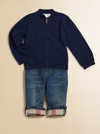 The classic check design adorns the back yoke of this plush cotton, zip-front sweater.MockneckLong sleevesFull-zip frontBack yokeRibbed cuffs & hemCottonHand washImported The classic check design adorns the back yoke of this plush cotton, zip-front sweater.MockneckLong sleevesFull-zip frontBack yokeRibbed cuffs & hemCottonHand washImported