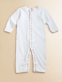 The softest cotton one-piece, decorated with charming floral vine trim.Snap closuresLong sleevesPicot edgingMachine washCottonImported The softest cotton one-piece, decorated with charming floral vine trim.Snap closuresLong sleevesPicot edgingMachine washCottonImported