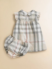 Dress your little girl in elegant, subdued checks with an Empire waist, ruffle trim and matching bloomers.Peter Pan collar Decorative front buttons Sleeveless with ruffle trim Back button closure Bloomers have elastic waist and leg openings Cotton Machine wash Imported Please note: Number of buttons may vary depending on size ordered. Dress your little girl in elegant, subdued checks with an Empire waist, ruffle trim and matching bloomers.Peter Pan collar Decorative front buttons Sleeveless with ruffle trim Back button closure Bloomers have elastic waist and leg openings Cotton Machine wash Imported Please note: Number of buttons may vary depending on size ordered.