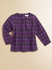 A standout check pattern embellishes this plush cotton blouse with pleated neckline.Round necklineLong sleevesBack buttonsCottonMachine washImported Please note: Number of buttons may vary depending on size ordered. 