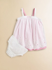 The sweetest, warm-weather ready, layered-look frock for baby with embroidered logo and eyelet detail in a classic babydoll silhouette with matching bloomers.SquareneckAdjustable back-button strapsBack elasticEmpire waistCottonMachine washImported The sweetest, warm-weather ready, layered-look frock for baby with embroidered logo and eyelet detail in a classic babydoll silhouette with matching bloomers.SquareneckAdjustable back-button strapsBack elasticEmpire waistCottonMachine washImported