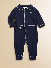 Charming touches of embroidery and contrast piping finish an essential coverall that is crafted from soft pima cotton.Peter Pan collarLong sleeves with ribbed cuffsConcealed snap frontHidden bottom snapsPima cottonMachine washImported Please note: Number of buttons/snaps may vary depending on size ordered. Charming touches of embroidery and contrast piping finish an essential coverall that is crafted from soft pima cotton.Peter Pan collarLong sleeves with ribbed cuffsConcealed snap frontHidden bottom snapsPima cottonMachine washImported Please note: Number of buttons/snaps may vary depending on size ordered.