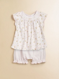 A pretty floral print and delicate embroidery add a charming look to this precious babydoll top and bloomer set.Round, banded collar with floral embroideryShort raglan sleevesButton-backCottonMachine washImported Please note: Number of buttons/snaps may vary depending on size ordered. 