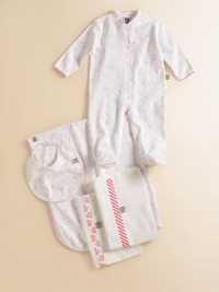 Soft pima cotton all-in-one has a happy print of a faithful doggie and her bone. Scallop trim Snap front and legs Pima cotton; machine wash Imported Soft pima cotton all-in-one has a happy print of a faithful doggie and her bone. Scallop trim Snap front and legs Pima cotton; machine wash Imported