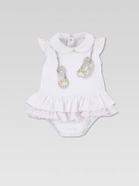 Your baby will look darling in this dainty ruffled one-piece with horsebit ballerina print and double G intarsia.Ruffled crewneck with satin pipingShort ruffled sleevesBack snapsRuffled hemElastic leg openingsBottom snaps92% cotton/8% elastaneMachine washImported Please note: Number of snaps may vary depending on size ordered. Your baby will look darling in this dainty ruffled one-piece with horsebit ballerina print and double G intarsia.Ruffled crewneck with satin pipingShort ruffled sleevesBack snapsRuffled hemElastic leg openingsBottom snaps92% cotton/8% elastaneMachine washImported Please note: Number of snaps may vary depending on size ordered.