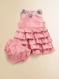 A stunning set in an eye-catching fabric with roses, bows and tiers of ruffles for your little flower.JewelneckSleevelessBack zipperTiered ruffled skirtPolyesterMachine washImported A stunning set in an eye-catching fabric with roses, bows and tiers of ruffles for your little flower.JewelneckSleevelessBack zipperTiered ruffled skirtPolyesterMachine washImported