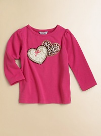 A meeting of hearts, one of bold animal spots, one of pretty lace, adorning the front of a bright knit top with t-shirt comfort.Round band necklineLong sleeves, softly pleated at the shouldersFront appliquésCotton/spandexMachine washImported A meeting of hearts, one of bold animal spots, one of pretty lace, adorning the front of a bright knit top with t-shirt comfort.Round band necklineLong sleeves, softly pleated at the shouldersFront appliquésCotton/spandexMachine washImported