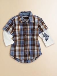A grown-up woven shirt in an all-boy plaid has the delightful addition of layered-look long knit sleeves.Spread collarShort woven sleeves with long knit sleeves, one with motorcycle designButton placketSingle patch chest pocketShirttail hemCottonMachine washImported Please note: Number of buttons may vary depending on size ordered. A grown-up woven shirt in an all-boy plaid has the delightful addition of layered-look long knit sleeves.Spread collarShort woven sleeves with long knit sleeves, one with motorcycle designButton placketSingle patch chest pocketShirttail hemCottonMachine washImported Please note: Number of buttons may vary depending on size ordered.