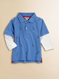 Your young rocker can add a touch of prep to his wardrobe with this smooth jersey polo with layered-look long sleeves, embroidered with tiny guitars.Polo collarShort sleeves with layered-look long sleevesButton placketAllover embroidered guitarsLonger-in-back tennis tails with side split hemCottonMachine washImported Please note: Number of buttons may vary depending on size ordered. Your young rocker can add a touch of prep to his wardrobe with this smooth jersey polo with layered-look long sleeves, embroidered with tiny guitars.Polo collarShort sleeves with layered-look long sleevesButton placketAllover embroidered guitarsLonger-in-back tennis tails with side split hemCottonMachine washImported Please note: Number of buttons may vary depending on size ordered.