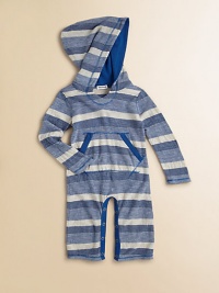 A precious little one-piece for baby in a snap-front silhouette with an attached hood. V-neckAttached hootLong sleevesFront kangaroo pocketsSnap front and bottomPolyester/rayonMachine washImported A precious little one-piece for baby in a snap-front silhouette with an attached hood. V-neckAttached hootLong sleevesFront kangaroo pocketsSnap front and bottomPolyester/rayonMachine washImported
