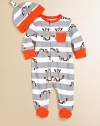 Your little one will go bananas for this precious cotton knit, adorned with cute monkeys and a matching hat.CrewneckLong sleevesSnap-frontPatch pocketBottom snapsCottonMachine washImported Please note: Number of buttons/snaps may vary depending on size ordered. 
