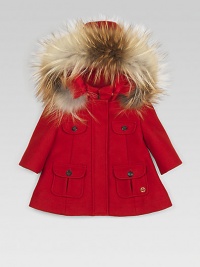 Full-zip front, wool-blend, felt parka with snap-off hood, natural fox fur trim and metal interlocking Gucci accent on button-flap pocket.Detachable hoodStand collarLong sleevesShoulder epaulettesConcealed zip frontTwo chest button flap pocketsTwo button flap pocketsFully lined70% wool/20% polyamide/10% cashmereDry cleanMade in ItalyFox fur origin: Denmark, Finland and Canada Please note: Number of buttons may vary depending on size ordered. Full-zip front, wool-blend, felt parka with snap-off hood, natural fox fur trim and metal interlocking Gucci accent on button-flap pocket.Detachable hoodStand collarLong sleevesShoulder epaulettesConcealed zip frontTwo chest button flap pocketsTwo button flap pocketsFully lined70% wool/20% polyamide/10% cashmereDry cleanMade in ItalyFox fur origin: Denmark, Finland and Canada Please note: Number of buttons may vary depending on size ordered.